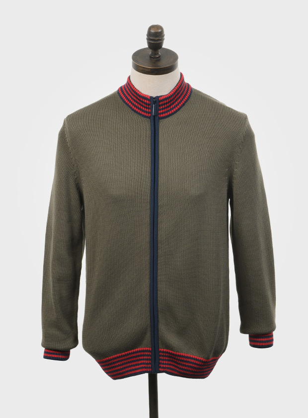 ART GALLERY CLOTHING MOD CLOTHING MOD MENSWEAR SIXTIES MOD RETRO ROCKABILLY FIFTIES ROCK N ROLL IVY STYLE MODCULTURE MOD STYLE MOD TOPS SUBCULTURE VINTAGE STYLE Ivy green, long sleeved, knitted zip through cardigan with equestrian red tipping on contrast navy blue neck, cuffs and waistband ribs. 7 gauge medium weight, retro style