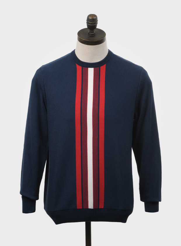 ART GALLERY CLOTHING MOD CLOTHING MOD MENSWEAR SIXTIES MOD RETRO ROCKABILLY FIFTIES ROCK N ROLL IVY STYLE MODCULTURE MOD STYLE MOD TOPS SUBCULTURE VINTAGE STYLE FINE GAUGE KNITWEAR Navy blue, long sleeved, knitted crew neck jumper with equestrian red and off white vertical colour blocking. Fine gauge, retro style knitwear.